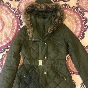 Express army green, belted coat.
